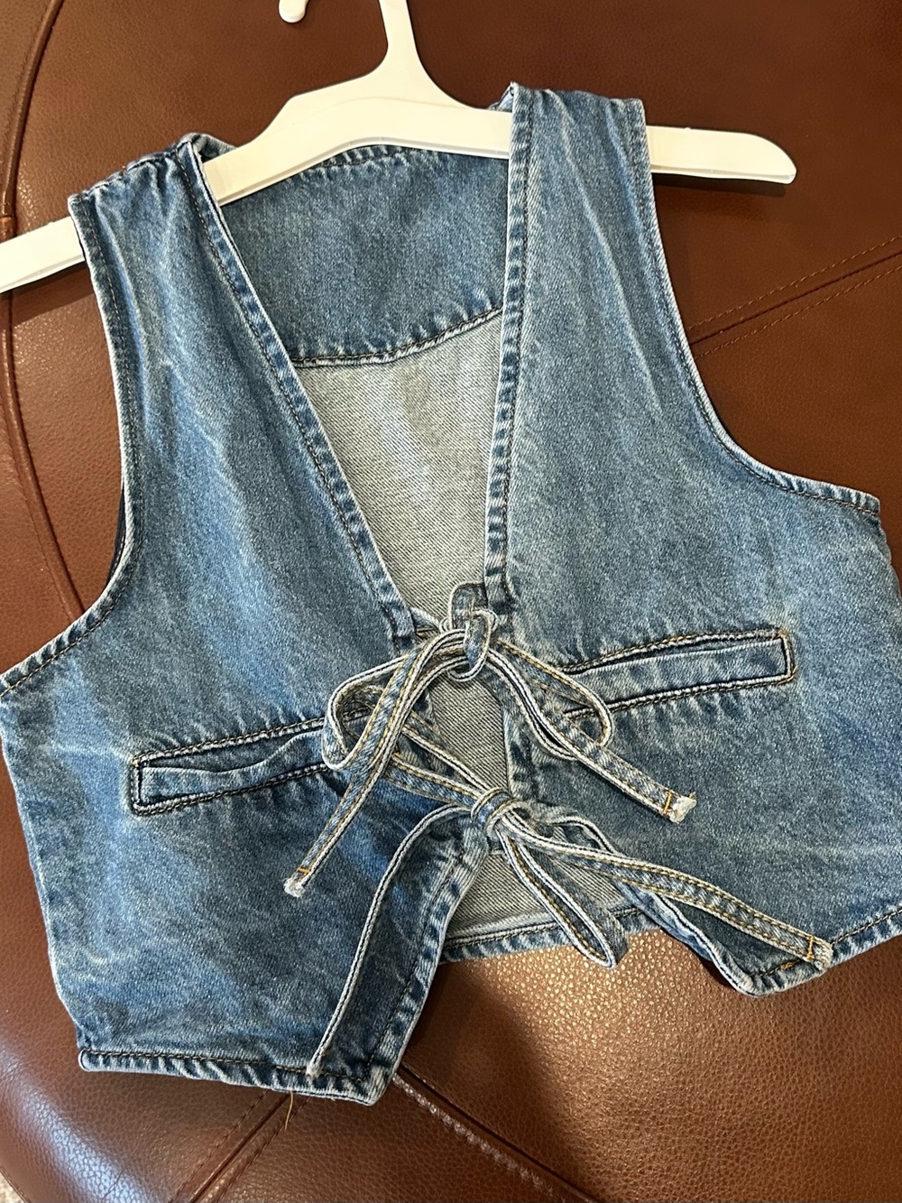 Denim Tie-Front Crop Vest - Blue